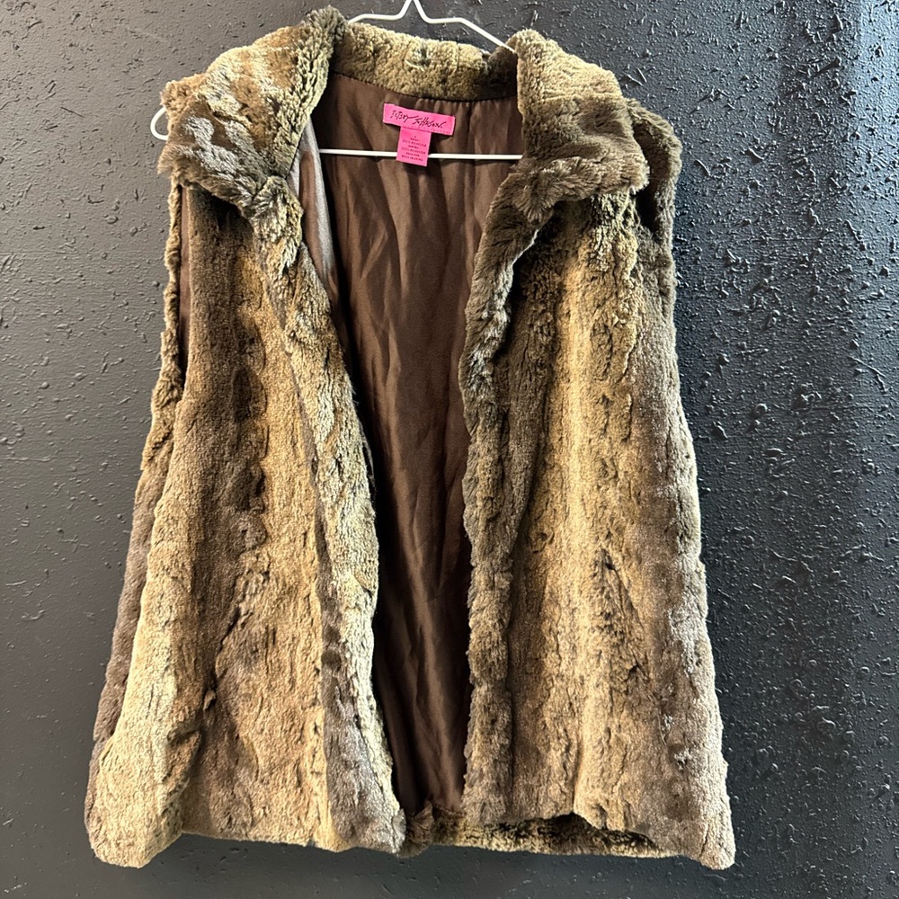 Betsey Johnson Womens Faux Fur Brown Vest Chic Size Large